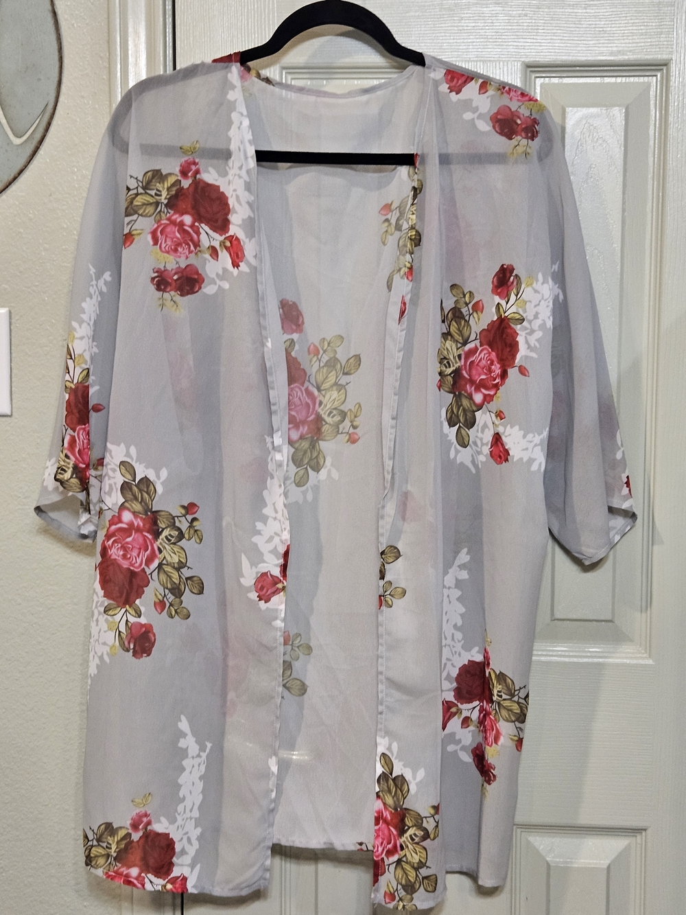 Light Gray Floral Sheer Kimono Cardigan - Women's